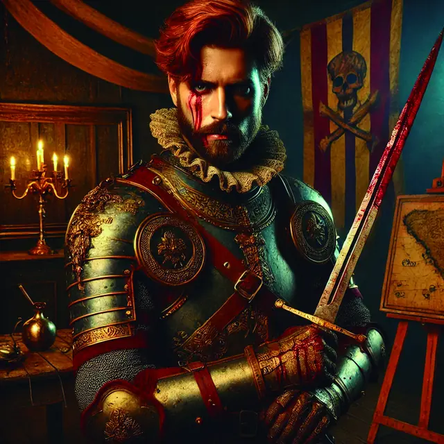Arte conceptual de Pedro de Alvarado con armadura