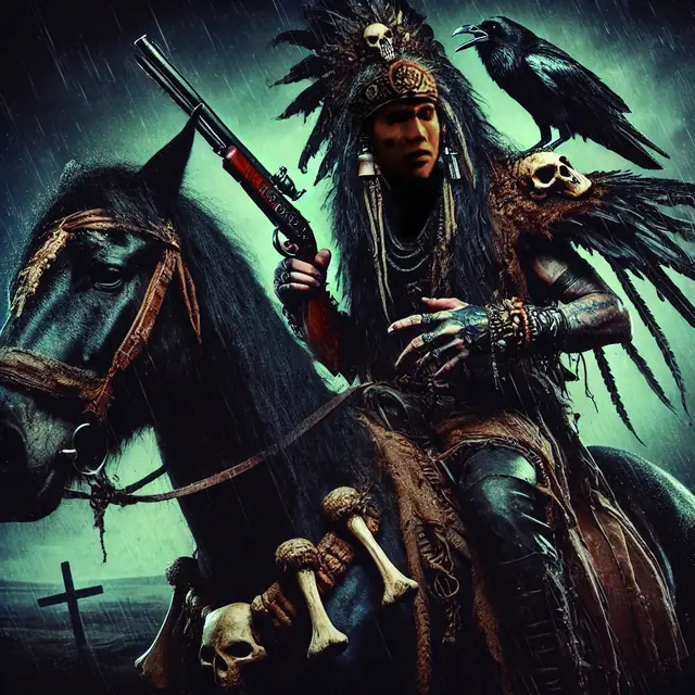 Arte conceptual del personaje Tlacatecolotl a caballo